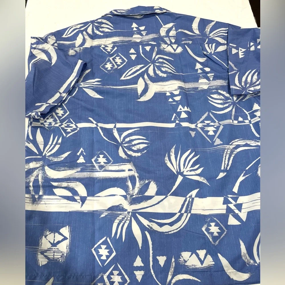 Men's Casual Blue Hawaiian Print Button-Down Shirt